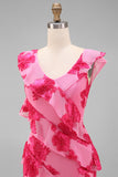 Hot Pink A-Line Floral Embroidery Maxi Floral Dress with Ruffles