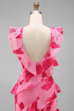 Hot Pink A-Line Floral Embroidery Maxi Floral Dress with Ruffles