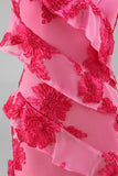 Hot Pink A-Line Floral Embroidery Maxi Floral Dress with Ruffles