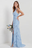 Light Blue Embroidered Sheath V- Neck Long Bridesmaid Dress with Slit