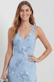 Light Blue Embroidered Sheath V- Neck Long Bridesmaid Dress with Slit