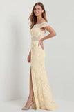 Off The Shoulder Embroidered Sheath Daffodil Long Floral Dress with Slit