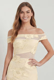 Off The Shoulder Embroidered Sheath Daffodil Long Floral Dress with Slit