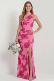 One Shoulder Sheath Hot Pink Embroidered Floral Dress with Slit