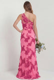 One Shoulder Sheath Hot Pink Embroidered Floral Dress with Slit