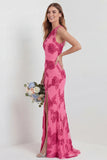 One Shoulder Sheath Hot Pink Embroidered Floral Dress with Slit