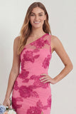 One Shoulder Sheath Hot Pink Embroidered Floral Dress with Slit