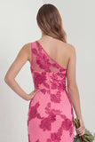 One Shoulder Sheath Hot Pink Embroidered Floral Dress with Slit