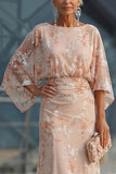 Champagne Bateau Neck Sheath Floral Long Mother Of the Bride Dress