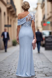 Light Blue One Shoulder Sheath Ruched Long Mother Of the Bride Dress with 3D Flowers
