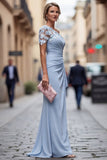 Light Blue One Shoulder Sheath Ruched Long Mother Of the Bride Dress with 3D Flowers