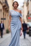 Light Blue One Shoulder Sheath Ruched Long Mother Of the Bride Dress with 3D Flowers