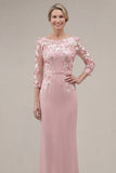 Blush Velvet Sheath Bateau Neck Appliqued Long Mother Of the Bride Dress with 3D Flowers