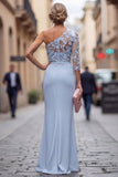 One Shoulder Light Blue Sheath Appliqued Floral Long Mother Of the Bride Dress
