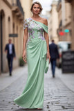 Green Sheath One Shoulder Appliqued Floral Long Mother Of the Bride Dress