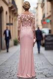 Blush Sheath Bateau Neck Floral Ruched Long Mother Of the Bride Dress with Appliques