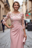 Blush Sheath Bateau Neck Floral Ruched Long Mother Of the Bride Dress with Appliques