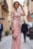 Blush Sheath Bateau Neck Floral Ruched Long Mother Of the Bride Dress with Appliques