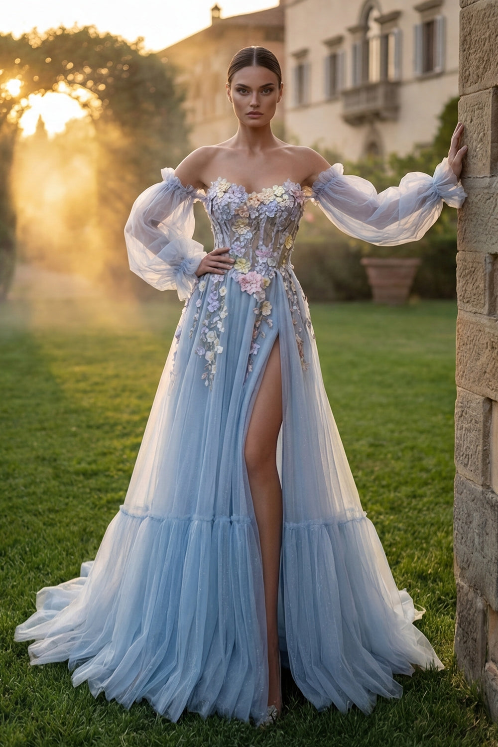 ZAPAKA Women Light Blue Tulle Prom Dress Sweetheart A-Line Floral