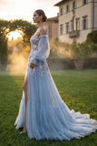 Light Blue Tulle Sweetheart A-Line Floral Appliqued Sweep Train Prom Dress with Slit