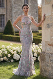 Silver Flower Tulle Mermaid Halter Neck Long Prom Dress with 3D Flower