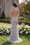 Silver Flower Tulle Mermaid Halter Neck Long Prom Dress with 3D Flower