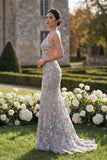 Silver Flower Tulle Mermaid Halter Neck Long Prom Dress with 3D Flower