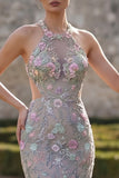 Silver Flower Tulle Mermaid Halter Neck Long Prom Dress with 3D Flower