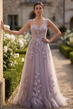 Grey Purple Tulle A-Line Floral Appliqued Covered Button Long Prom Dress