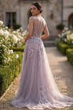 Grey Purple Tulle A-Line Floral Appliqued Covered Button Long Prom Dress