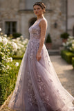 Grey Purple Tulle A-Line Floral Appliqued Covered Button Long Prom Dress