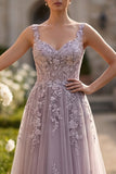 Grey Purple Tulle A-Line Floral Appliqued Covered Button Long Prom Dress