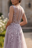 Grey Purple Tulle A-Line Floral Appliqued Covered Button Long Prom Dress
