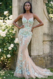 Champagne Tulle Mermaid Floral Appliqued Lace-Up Back Long Prom Dress