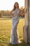 Mermaid Silver Tulle Halter Neck Floral Cut Out Appliqued Long Prom Dress