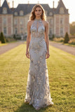 Mermaid Silver Tulle Halter Neck Floral Cut Out Appliqued Long Prom Dress