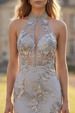 Mermaid Silver Tulle Halter Neck Floral Cut Out Appliqued Long Prom Dress