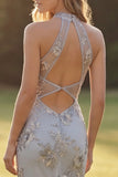 Mermaid Silver Tulle Halter Neck Floral Cut Out Appliqued Long Prom Dress
