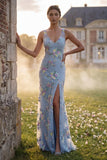 Light Blue Sheath V-Neck Floral Embroidered Long Prom Dress with Slit
