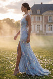 Light Blue Sheath V-Neck Floral Embroidered Long Prom Dress with Slit