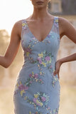 Light Blue Sheath V-Neck Floral Embroidered Long Prom Dress with Slit