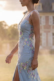 Light Blue Sheath V-Neck Floral Embroidered Long Prom Dress with Slit