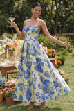 Blue Daffodil Flower A-Line Strapless Printed Ruched Maxi Floral Dress