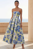 Blue Daffodil Flower A-Line Strapless Printed Ruched Maxi Floral Dress