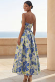 Blue Daffodil Flower A-Line Strapless Printed Ruched Maxi Floral Dress