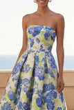 Blue Daffodil Flower A-Line Strapless Printed Ruched Maxi Floral Dress