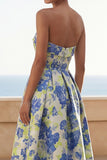 Blue Daffodil Flower A-Line Strapless Printed Ruched Maxi Floral Dress