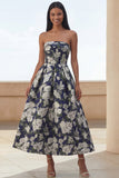 Blue Daffodil Flower A-Line Strapless Printed Ruched Maxi Floral Dress