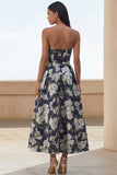 Blue Daffodil Flower A-Line Strapless Printed Ruched Maxi Floral Dress