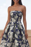 Blue Daffodil Flower A-Line Strapless Printed Ruched Maxi Floral Dress